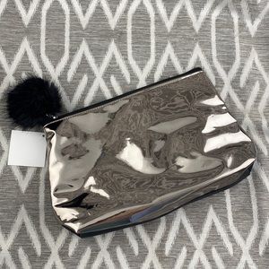 Nordstrom Cosmetic Pouch with Pom Pom & Mirror/Halo Front Black & Metallic NWT